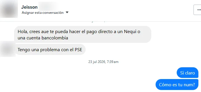 Chat con un cliente de Colombia que pregunta si puede pagar por Nequi o Bancolombia, y la respuesta: sí